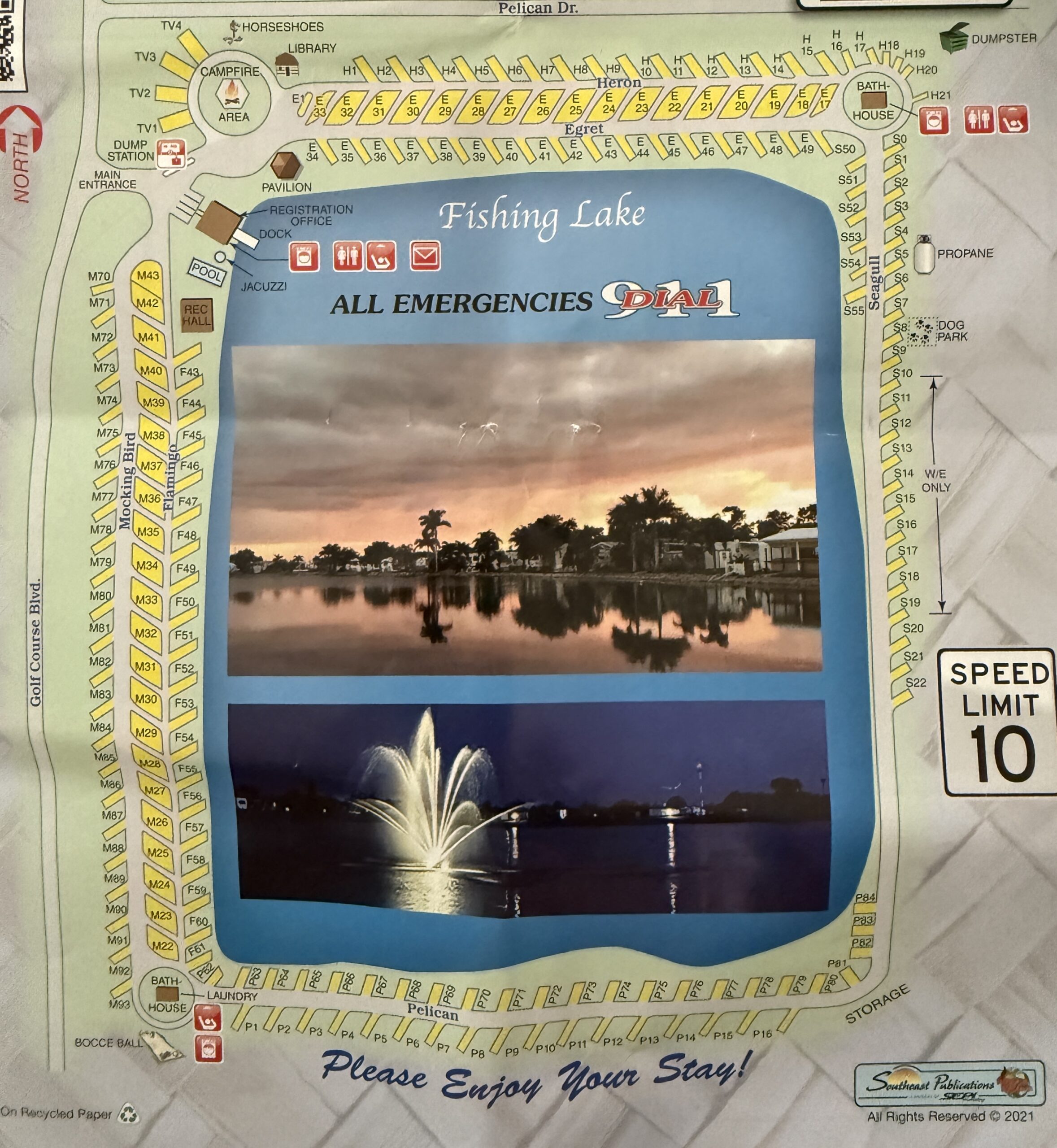 Water's Edge RV Resort park map showing site rows, 20-acre lake, and resort facilities — 6800 Golf Course Blvd., Punta Gorda, FL 33982